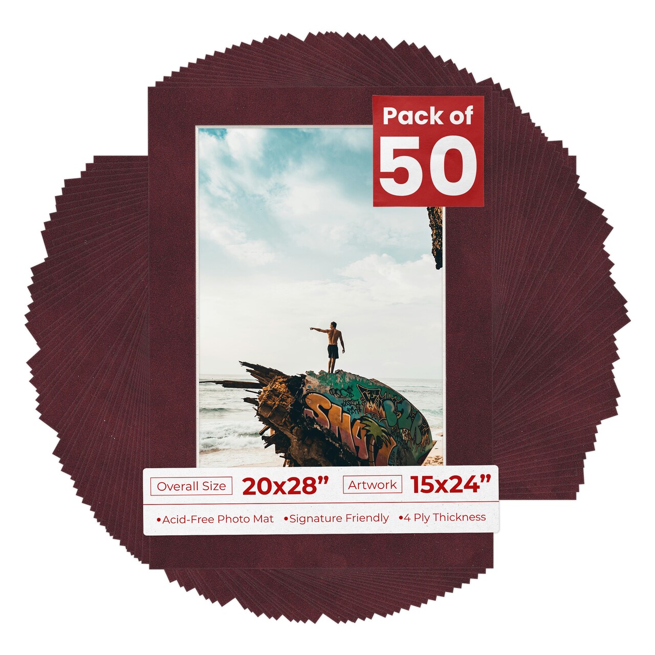 Dark Red Suede Mat Board for 20x28 Frames - Fits 15x24 Photos